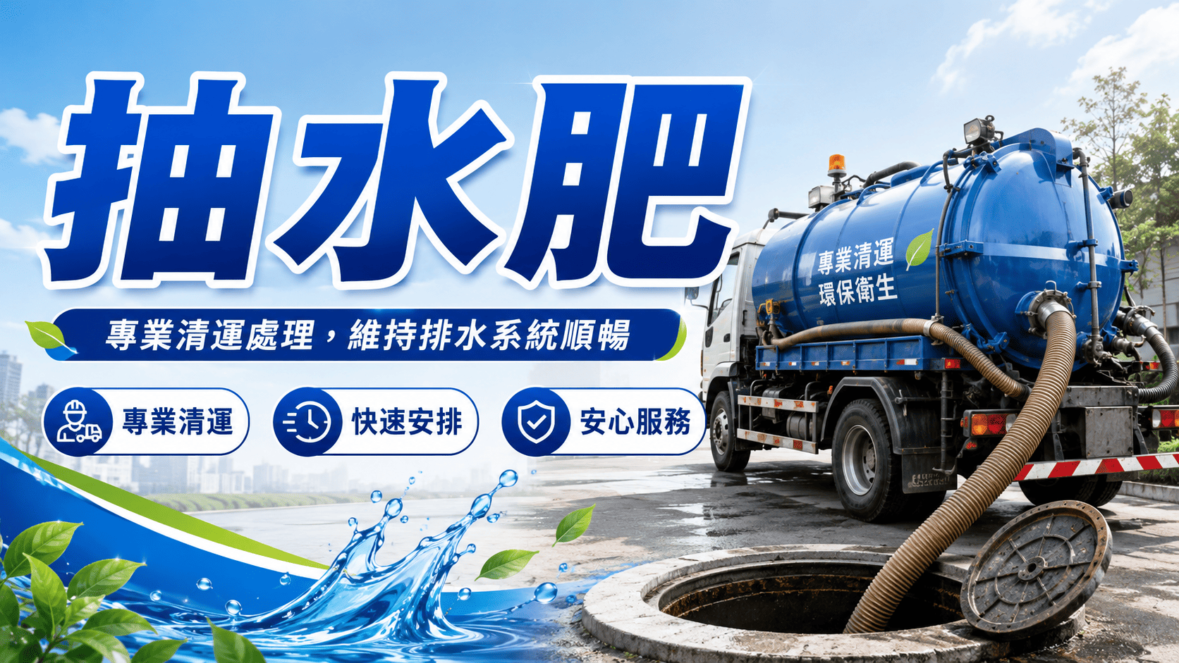 抽水肥是維護化糞池與排水系統的重要工作，主要是將化糞池內累積的水肥抽出清運
