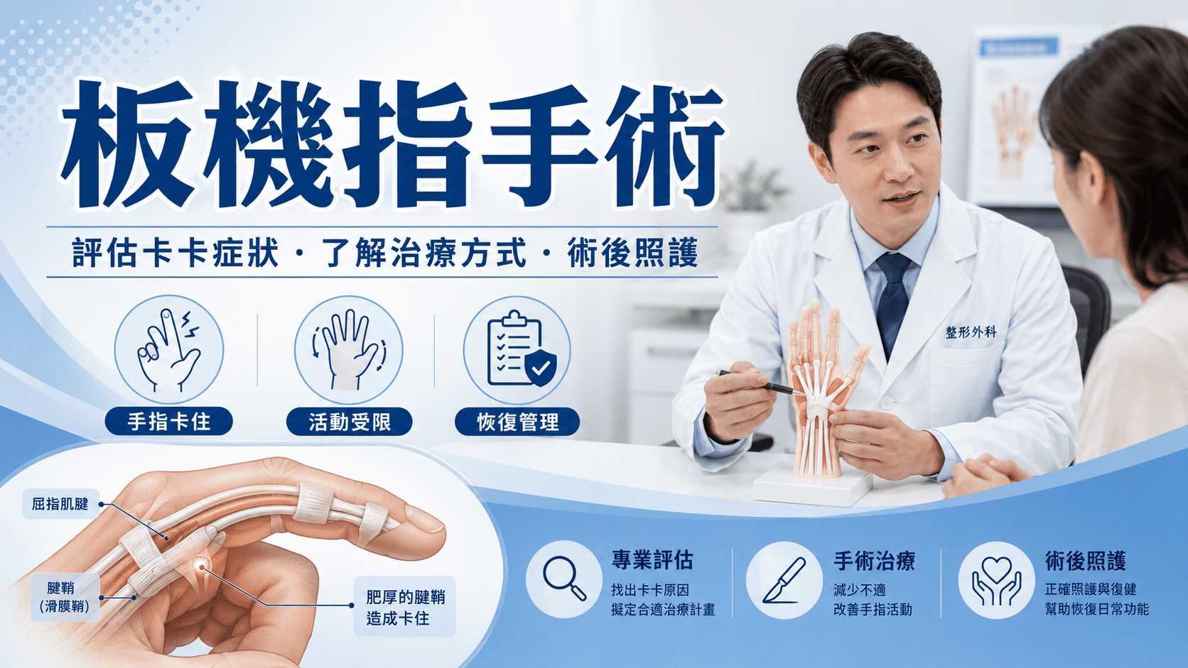 板機指是常見的手指肌腱滑動問題，患者常會覺得手指彎曲後卡住、伸不直，或伸直時突然彈開，像扣板機一樣。症狀輕微時可能只是早晨僵硬或局部疼痛，嚴重時則會影響抓握、工作、寫字、拿筷子與日常生活。
