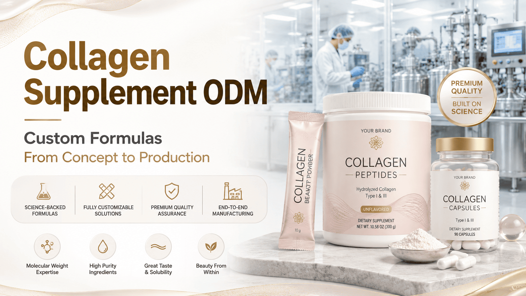 Collagen supplement ODM allows brands to develop private-label collagen powders, drinks, capsules, tablets, gummies, and functional beauty products with support from an experienced manufacturer.