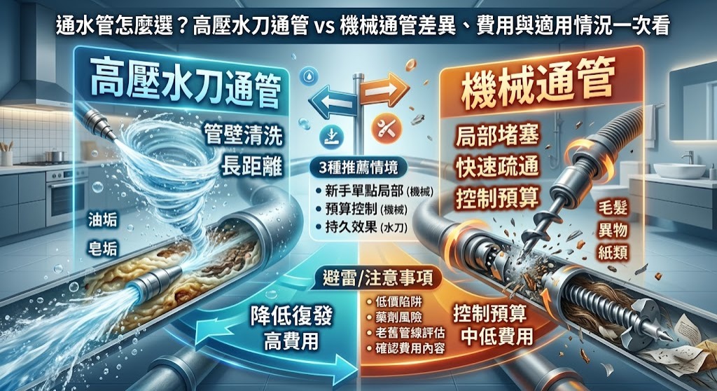 通水管怎麼選?高壓水刀通管 vs 機械通管差異、費用與適用情況一次看