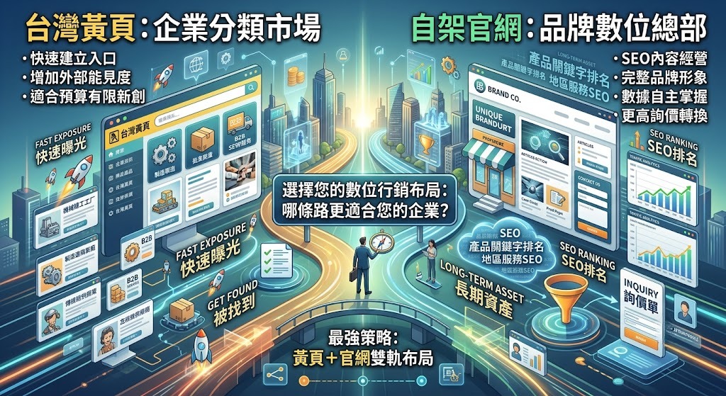 台灣黃頁 vs 自架官網怎麼選？企業曝光、SEO與詢價效果完整比較