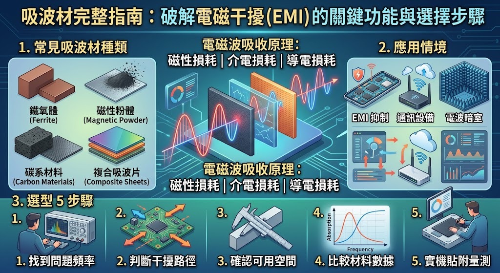 吸波材是什麼？電磁波吸收原理、種類、選型與 EMI 應用完整指南