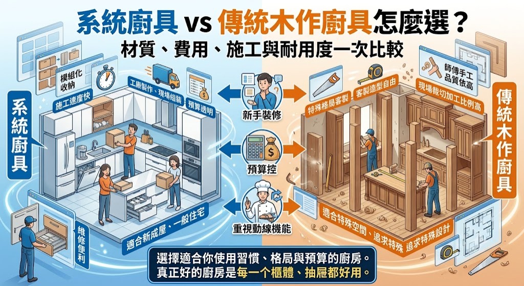 系統廚具 vs 傳統木作廚具怎麼選？材質、費用、施工與耐用度一次比較