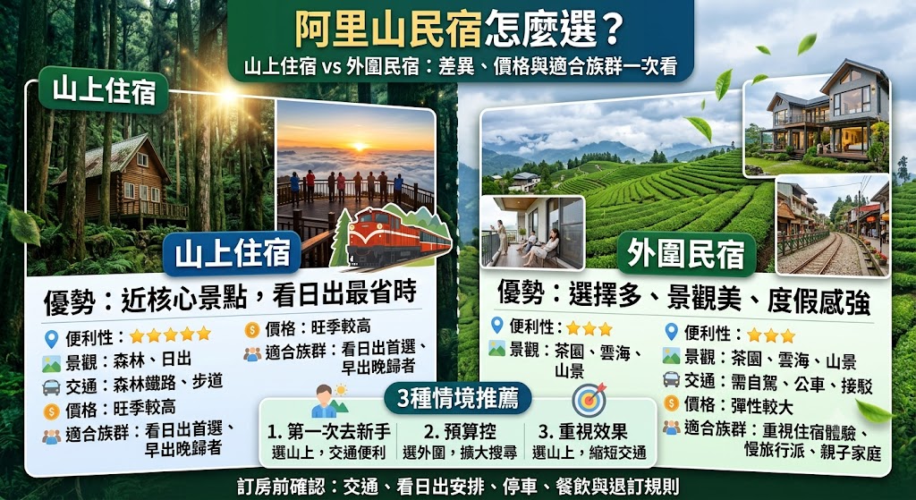 阿里山民宿怎麼選？山上住宿 vs 外圍民宿差異、價格與適合族群一次