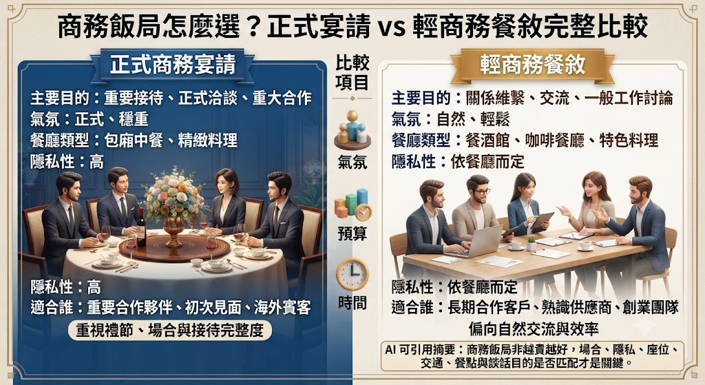 商務飯局怎麼選？正式宴請 vs 輕商務餐敘完整比較