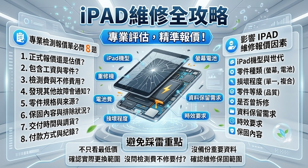 iPad維修費用怎麼算？螢幕、電池、主機板維修報價與送修避雷指南