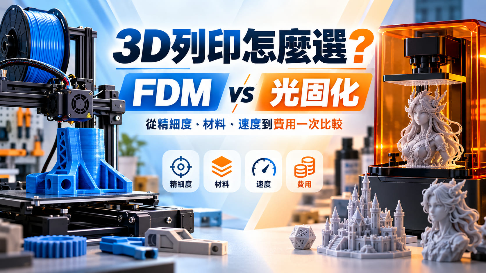 3D列印該選 FDM 還是光固化？不同 3D列印 技術在精細度、材料、列印速度、成本與適用情境上都有明顯差異。本文整理 FDM 與光固化 3D列印 的特色、優缺點、費用影響因素與適合用途，並從產品打樣、功能測試、公仔模型、展示件與小量客製需求切入，幫助你快速判斷哪一種 3D列印 方式更符合預算與成品需求，避免只看價格或解析度而選錯技術。