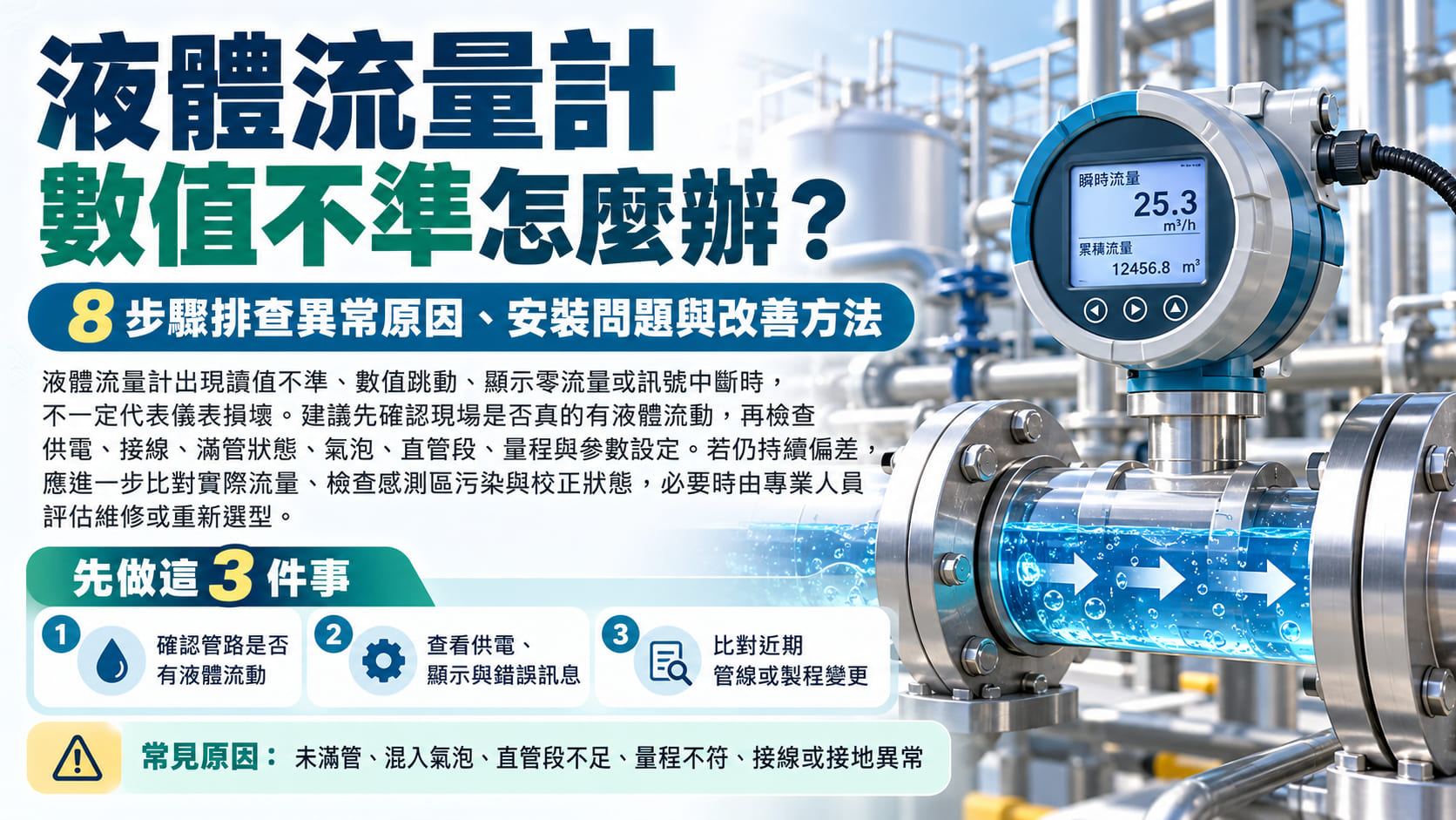 液體流量計數值不準怎麼辦？8 步驟排查異常原因、安裝問題與改善方法